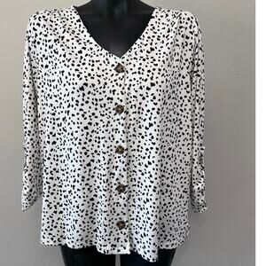 All in Love Top Sz L White Black Print ButtonDown 3/4 Sleeve Careerwear Casual
